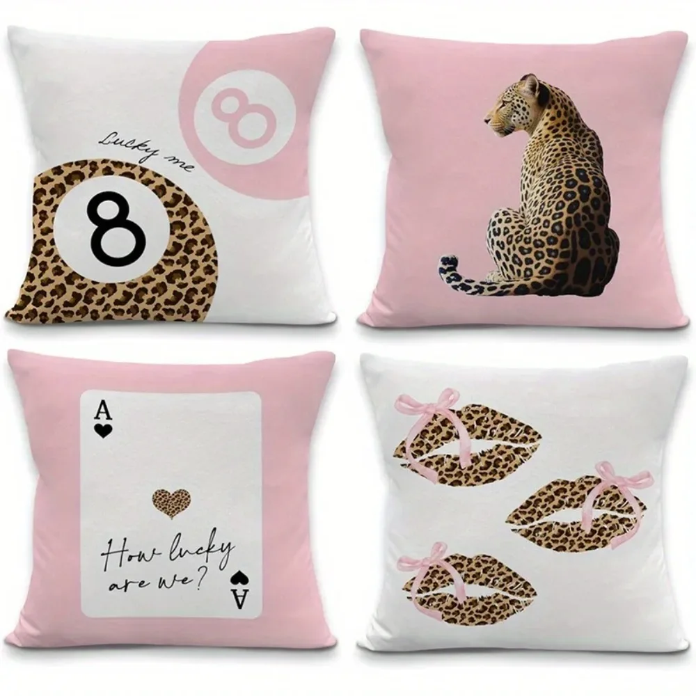 Kreativer Leoparden-Karten-Kissenbezug, 45 x 45 cm, 2D-Druck, trendiges Muster, Polyester, Sofa, Schlafzimmer, Auto, Akzent, schick