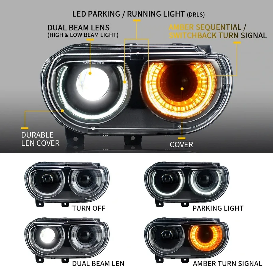 2 Stück LED-Scheinwerfer für Dodge Challenger 2008-2014, Halo DRL, gelbes Blinklicht, Fern- und Abblendlicht, direkte Montage, Plug-and-Play, IP67 wasserdicht, Auto-Upgrade.
