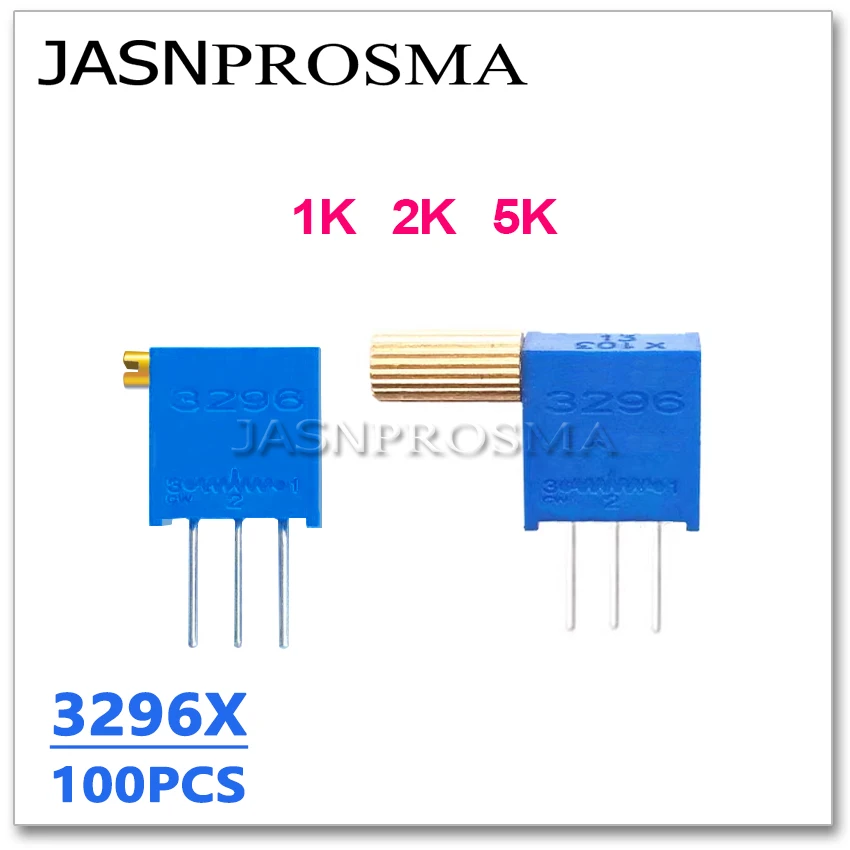 JASNPROSMA 100 Buah 3296X 1K 2K 5K 102 202 502 OHM Gagang Panjang Asli Trimpot Pemangkas Resistor 3296X-1-102LF Potensiometer