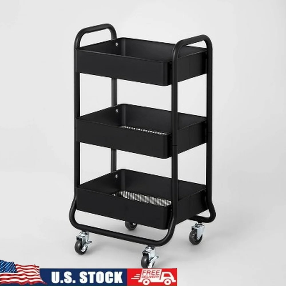 

3 Tier Rolling Utility Cart Metal Storage Trolley Locking Wheels Rust Resistant Powder Coated Steel Mesh Shelves Easy Assembly