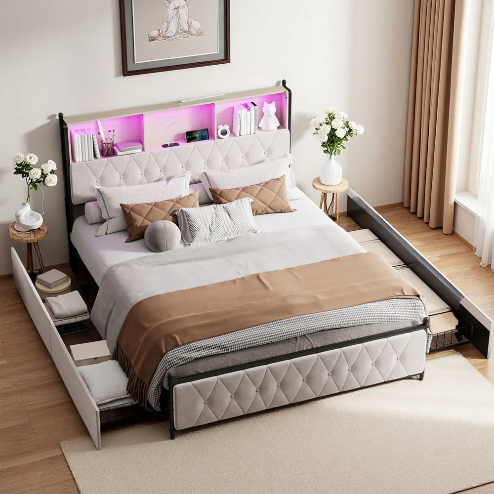 Base de Cama Superaly con Somier de Láminas, Iluminación LED y 4 Cajones de Almacenamiento, Cama Doble Tapizada, Cama Juvenil, Beige, Terciopelo, para Adultos