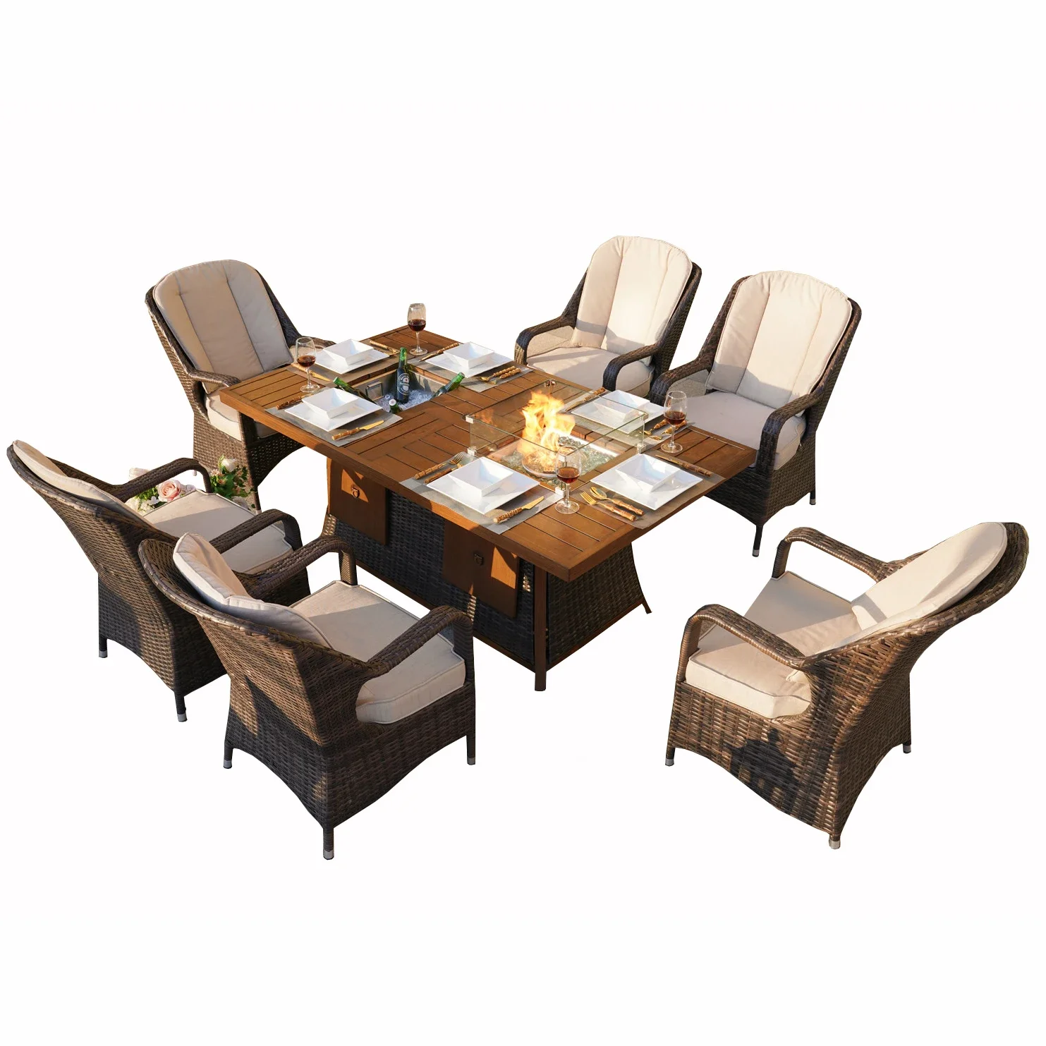 Aluminum Barbecue Family Dinner Fire Pit Furniture Rectangular Gas Fireplace Table Set With One Oval Table And Six Chairs