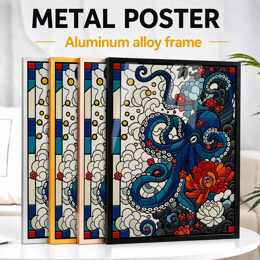 Blue Octopus With Flowers Stained Glass Framed Metal Print Customized Nature Tribute Wall Art For Animal Fans Decorating Cabin