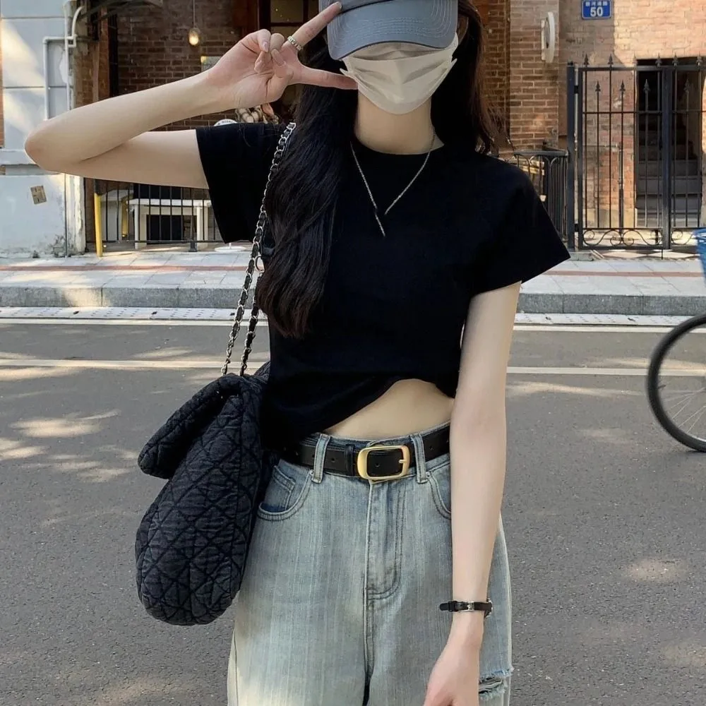 

Simple Solid Color Short Sleeve T-shirt Slim Fit Chic Y2K Crop Top Sweet Korean Style Tees Shirts Women Streetwear