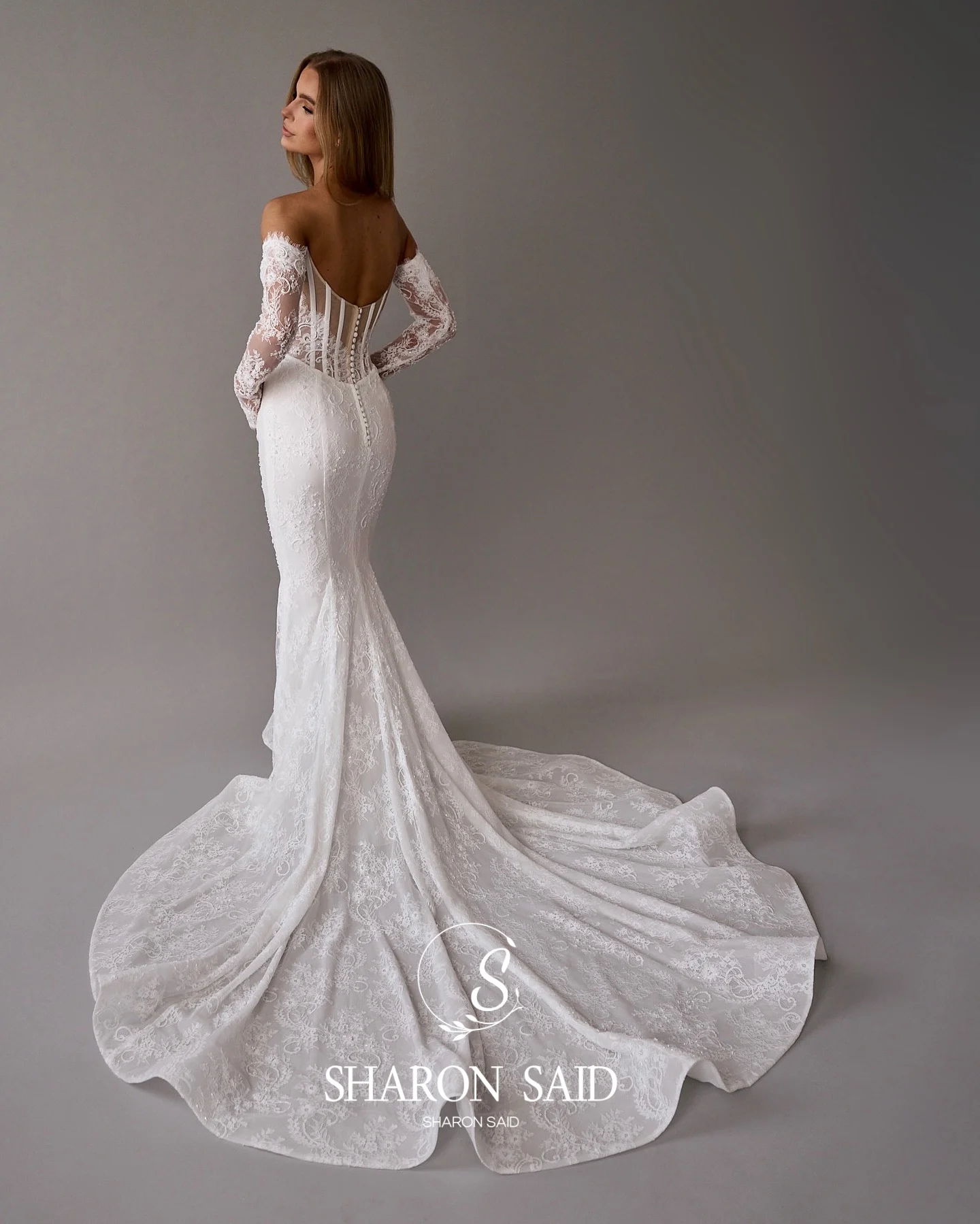 Sharon Said 2025 elegante manga larga sirena vestido de novia de encaje blanco Boho Sexy princesa vestidos de novia SW054 personalizado