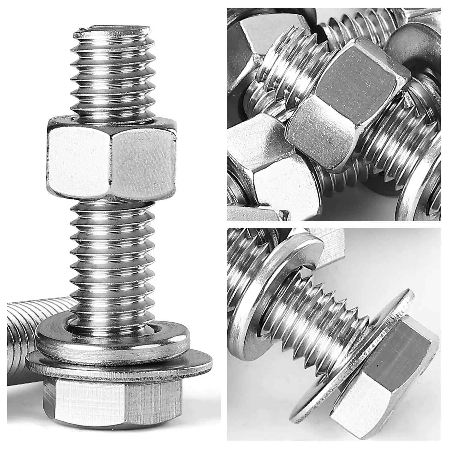 M3 Stainless Steel Hex Head Screws Bolts, Nuts, Flat & Lock Washers, (304) Stainless Steel, Full Thread, Coarse Thread