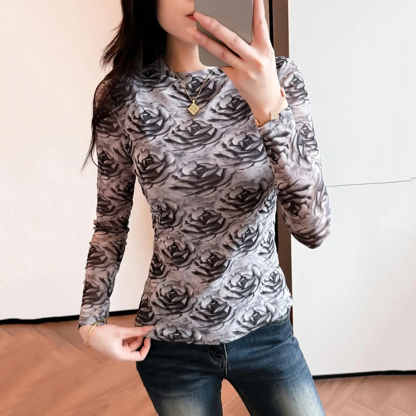 Ele Long Sve Damen T-Shirt Blumendruck Me Base irt High Ne Elastic Net Inner Wear Top Europäisches Sle Herbst W...