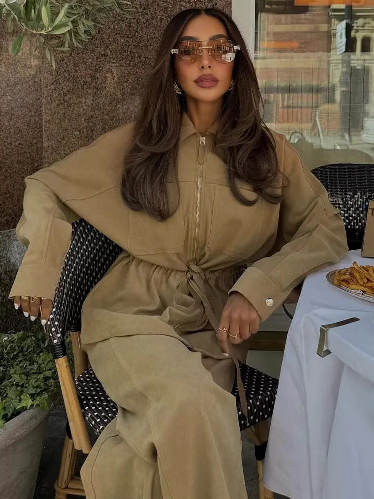 HH المرأة طويلة الأكمام حزام التلبيب سستة جيب معطف الرباط عالية الخصر مرونة الخصر بنطال ذو قصة أرجل واسعة الخريف شيك 2 قطعة مجموعة