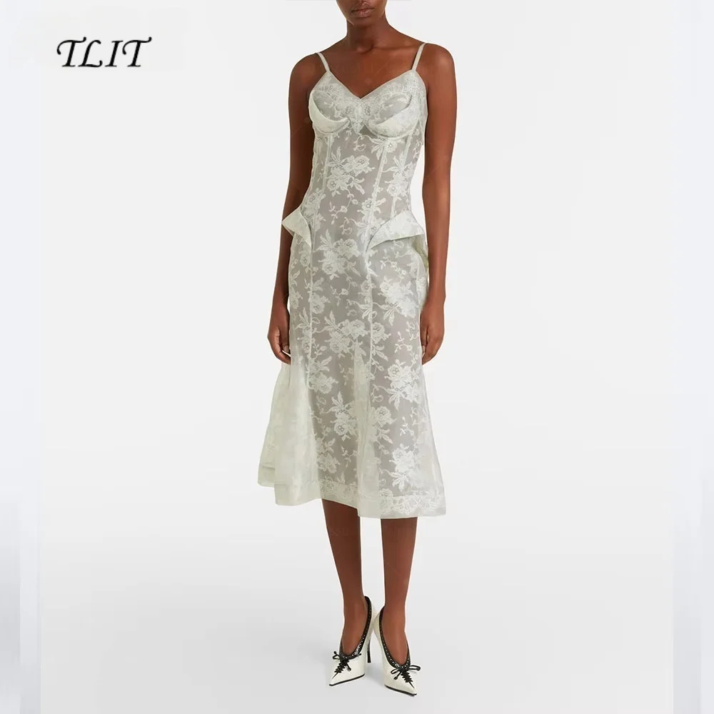 TLIT Customized Luxury Sheer Lace Corset Midi Dress Spaghetti Strap Structured Peplum Vintage Bridal Reception Gown