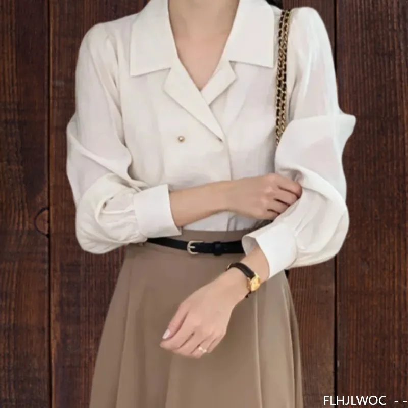 

Cute Retro Vintage Double Button Tops Women Autumn New FLHJLWOC Design Chic Korea Japan Girls Long Sleeve Basics White Shirts