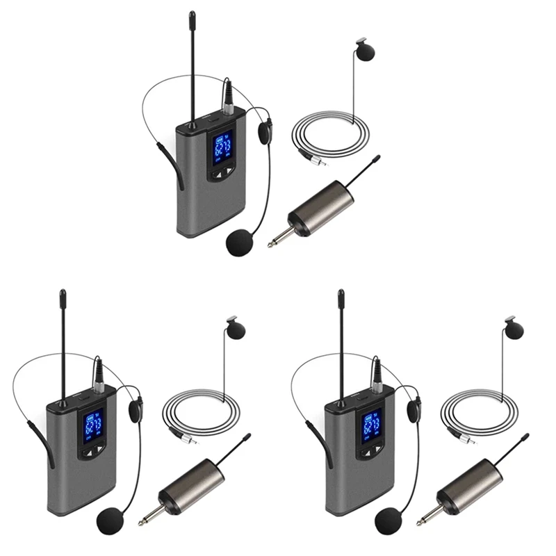 

3X UHF Portable Wireless Headset/ Lavalier Lapel Microphone With Bodypack Transmitter And Receiver 1/4 Inch Output