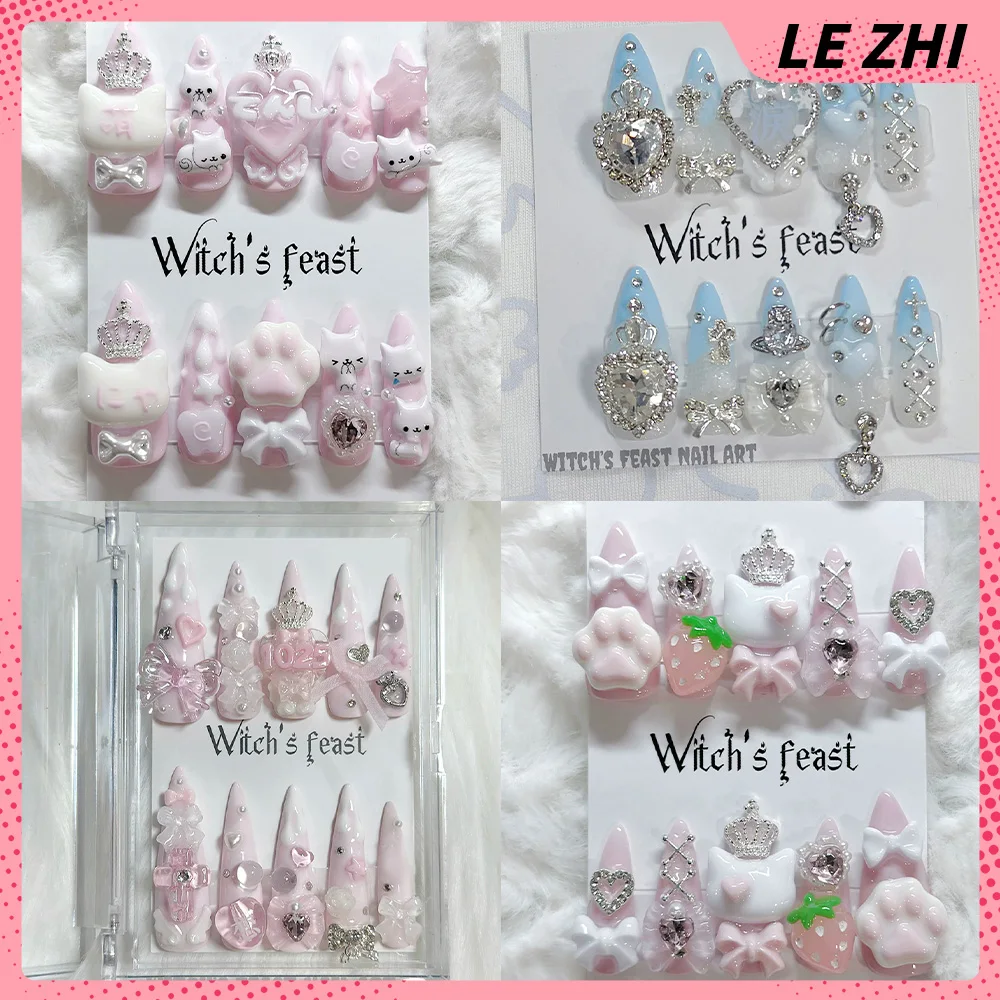 

Sweet Cute Pink Bow Rabbit Strawberry Cat Paw Fake Nail 3D Wings Crown Heart Glitter Powder Almond Nail Art Hand Accessories