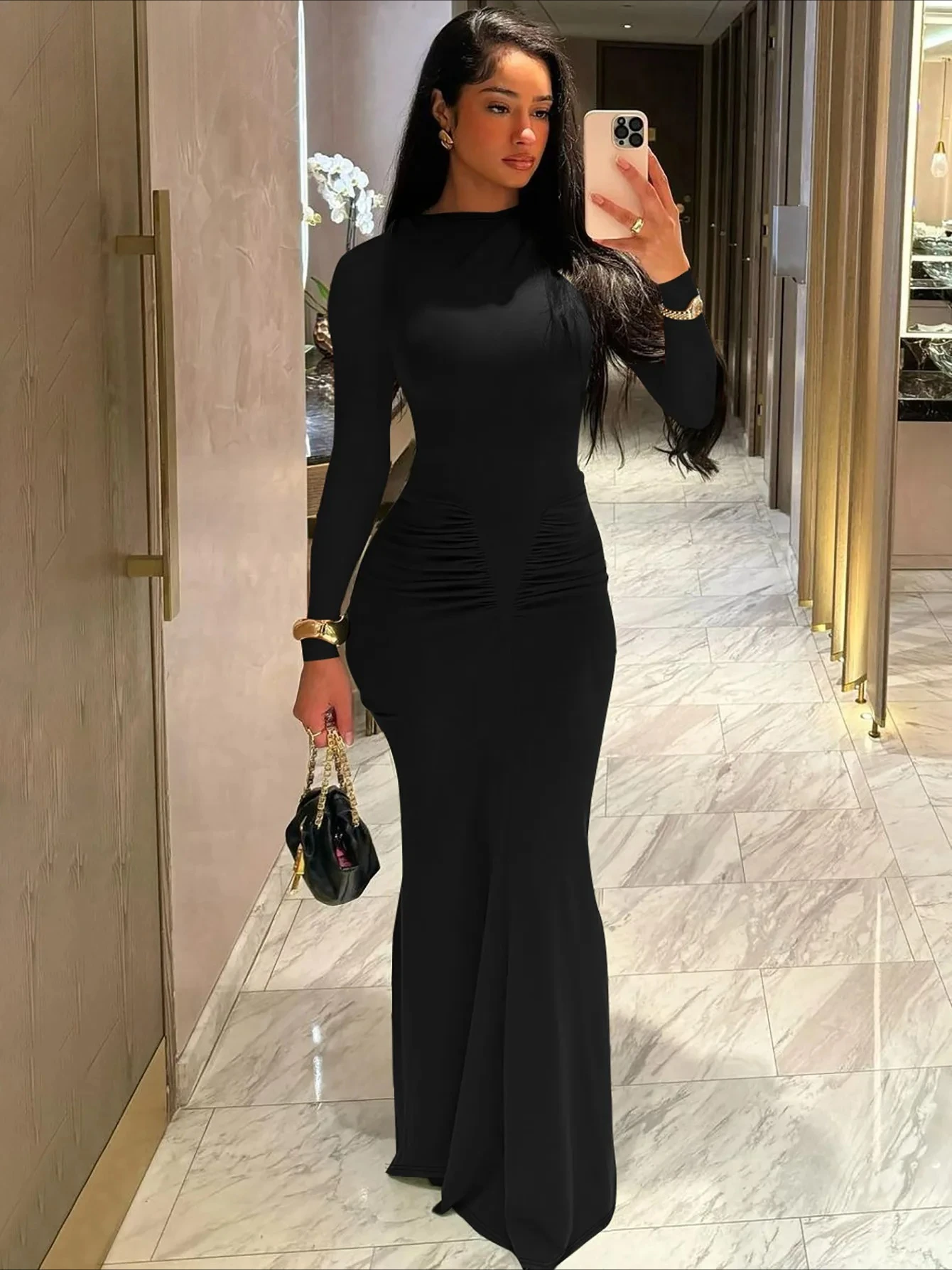 Autumn Solid Long Sleeve Draped Sexy Bodycon Maxi Prom Dress Women Fashion Y2K Outfits Evening Party Festival Club