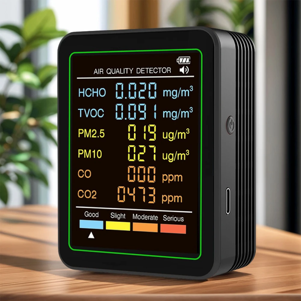 Tester della qualità dell'aria 6 in 1 Rilevatore HCHO in tempo reale Misuratore di umidità della temperatura Rilevatore di formaldeide TVOC PM2.5 PM10 CO2 CO