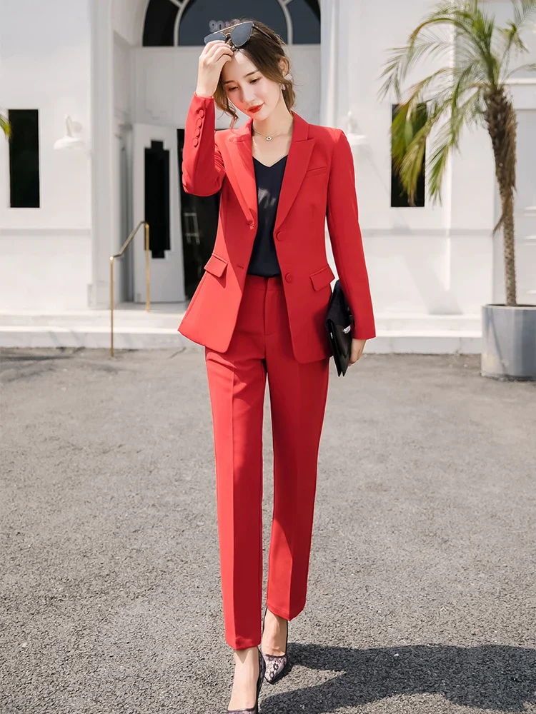 Ladies Women Pant Suit Formal Female 2 Piece Set Red Blue Jacket Office Business Work Wear Single Breasted Blazer+Trouser