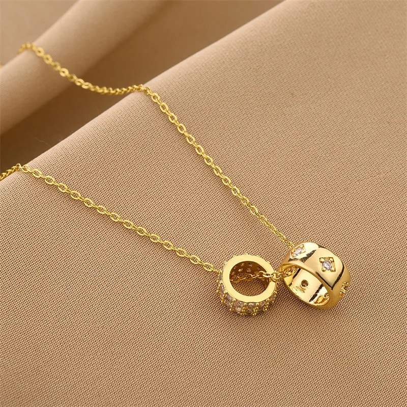 Fashion Luxurious Crystal Rhombus Necklace with Ring Pendant Non Tarnish Gold Color Jewelry for Women