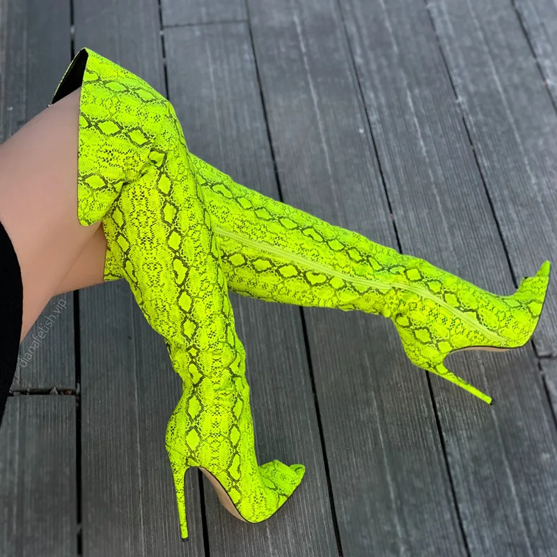 

Neon Yellow Pink Python Over the Knee Boots Thin High Heels Peep Toe Thigh Boots Zip Lady Street Rock Style knight Botas Shoes