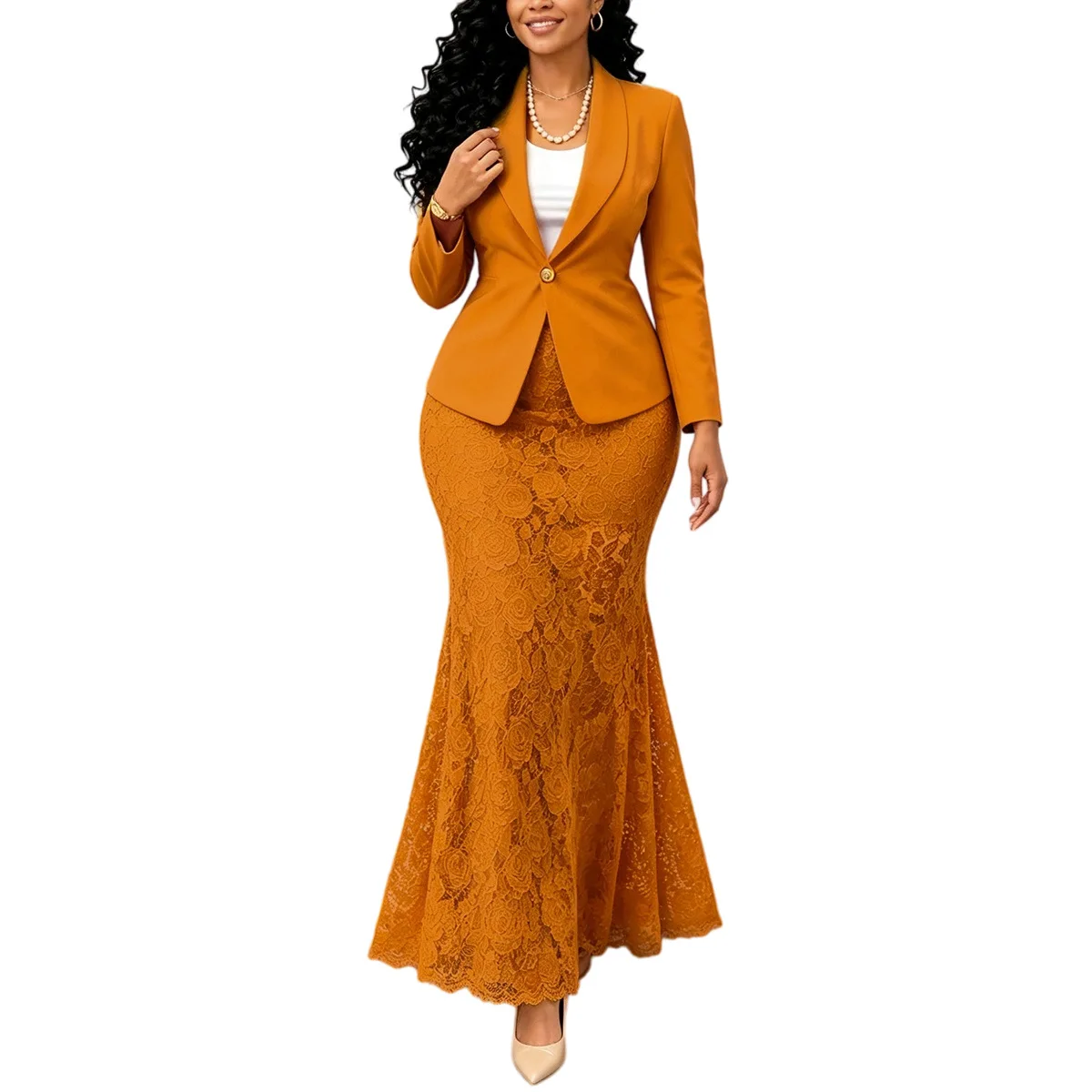 Women's Large Commuting Waist Cinched Suit Jacket And Lace Fishtail Skirt Two-Piece Set for Professional Occasions