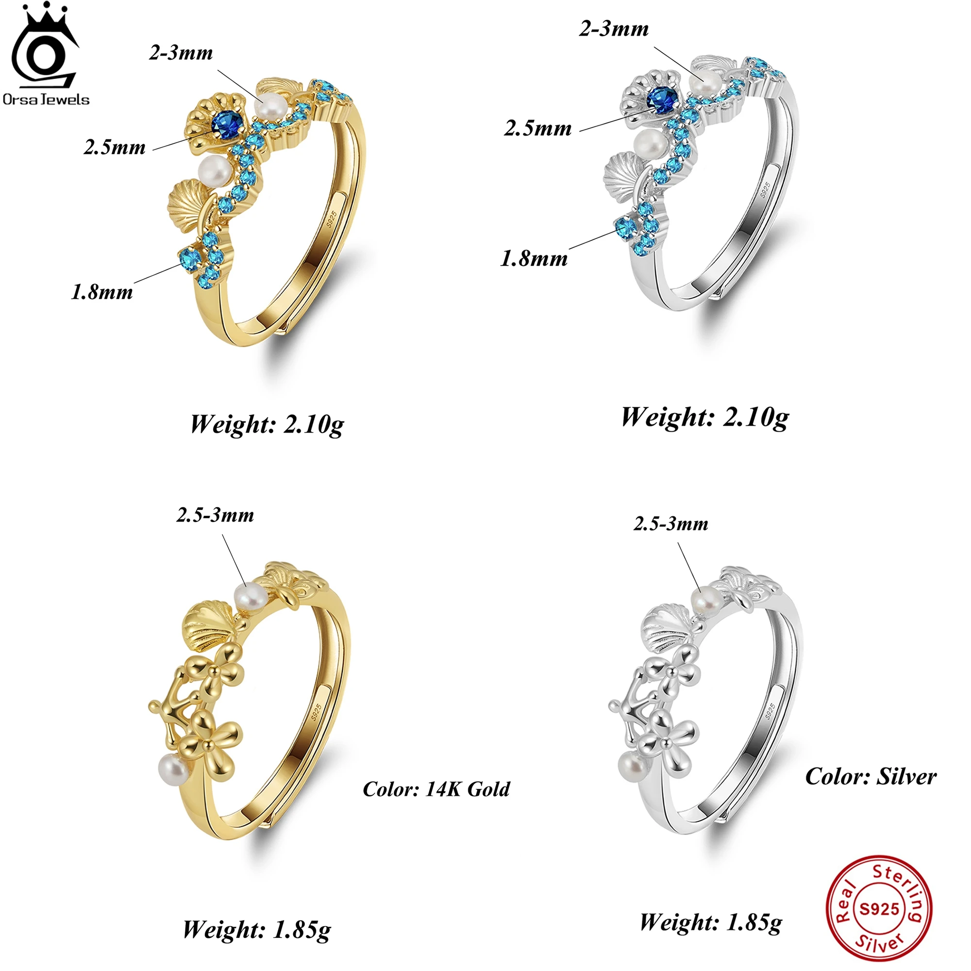 

ORSA JEWELS Ocean-Inspired 925 Sterling Silver Ring with Freshwater Pearl & Blue Zirconia Shell Detailing, Adjustable Fit GPR24