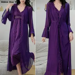 Luxury Lace Splicing Nightgown Long Purple Robe Suit Women Kimono Sleepwear Night Dress Satin Chemise Nighties Lingerie Femme