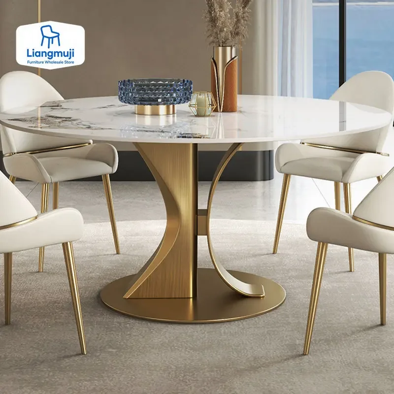 Designer Luxury Round Dinning Marble Rock Slab Dining Table Set 4 6 Chairs Mesa Posta Furniture Meuble Stainless Steel Gold Base