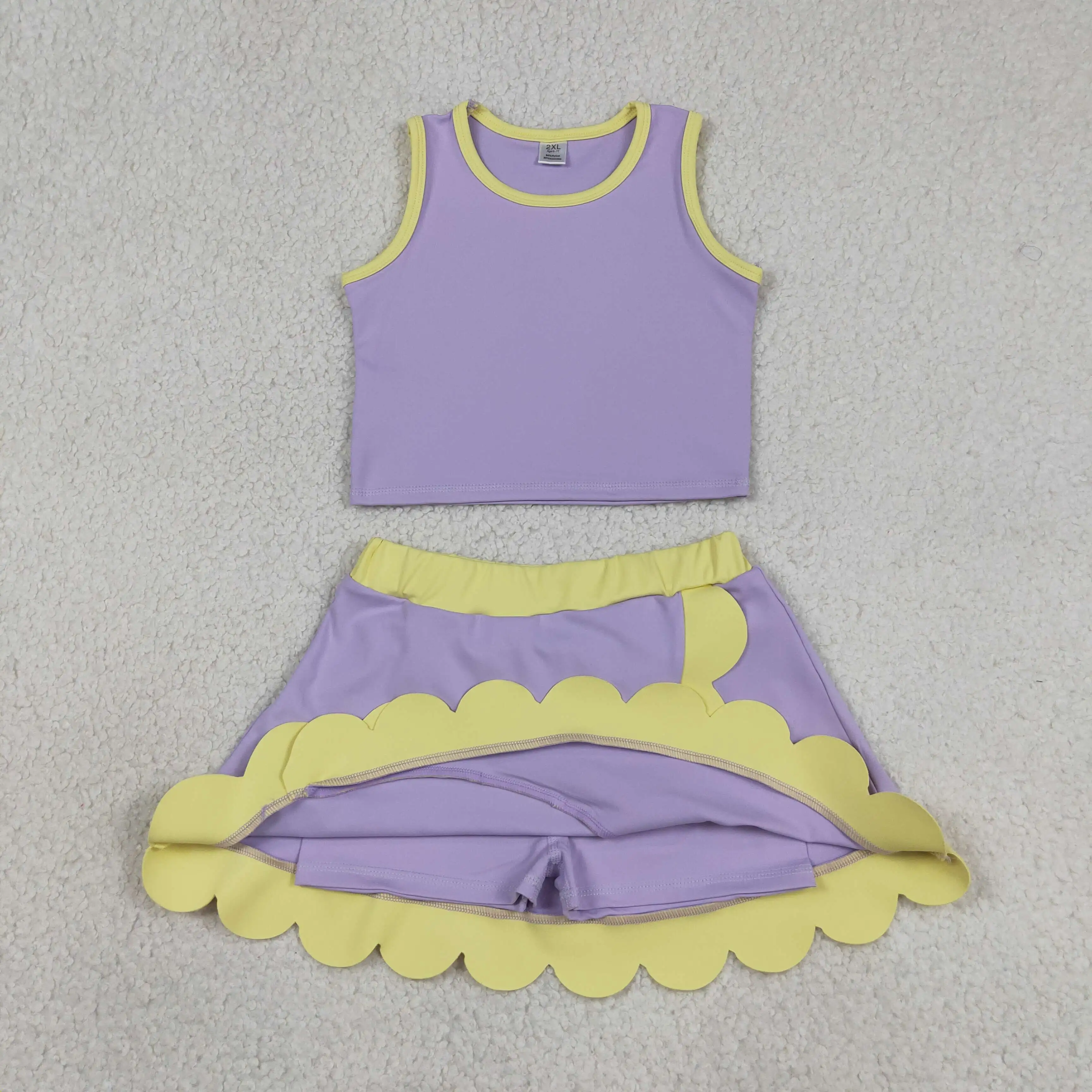 Baby Yoga Clothing - 卸売ベビーガールヨガアクティブウェア幼児用パープルシャツイエローラッフルスカートショーツキッズスコートセットアスレチックサマー服