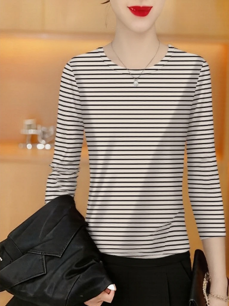 

Элегантная полосатая футболка с длинными рукавами, женская модная одежда для мам, верхняя одежда из полиэфирного волокна, износостойкая, для повседневного использования