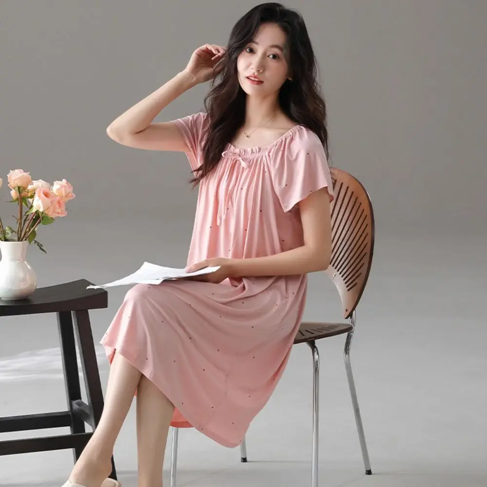 

Casual Modal Women's Pajama Dress Short Sleeve Loose Dot Ruffle Nightdress Sleepwear Home Wear Lace Up Nightgown Girls