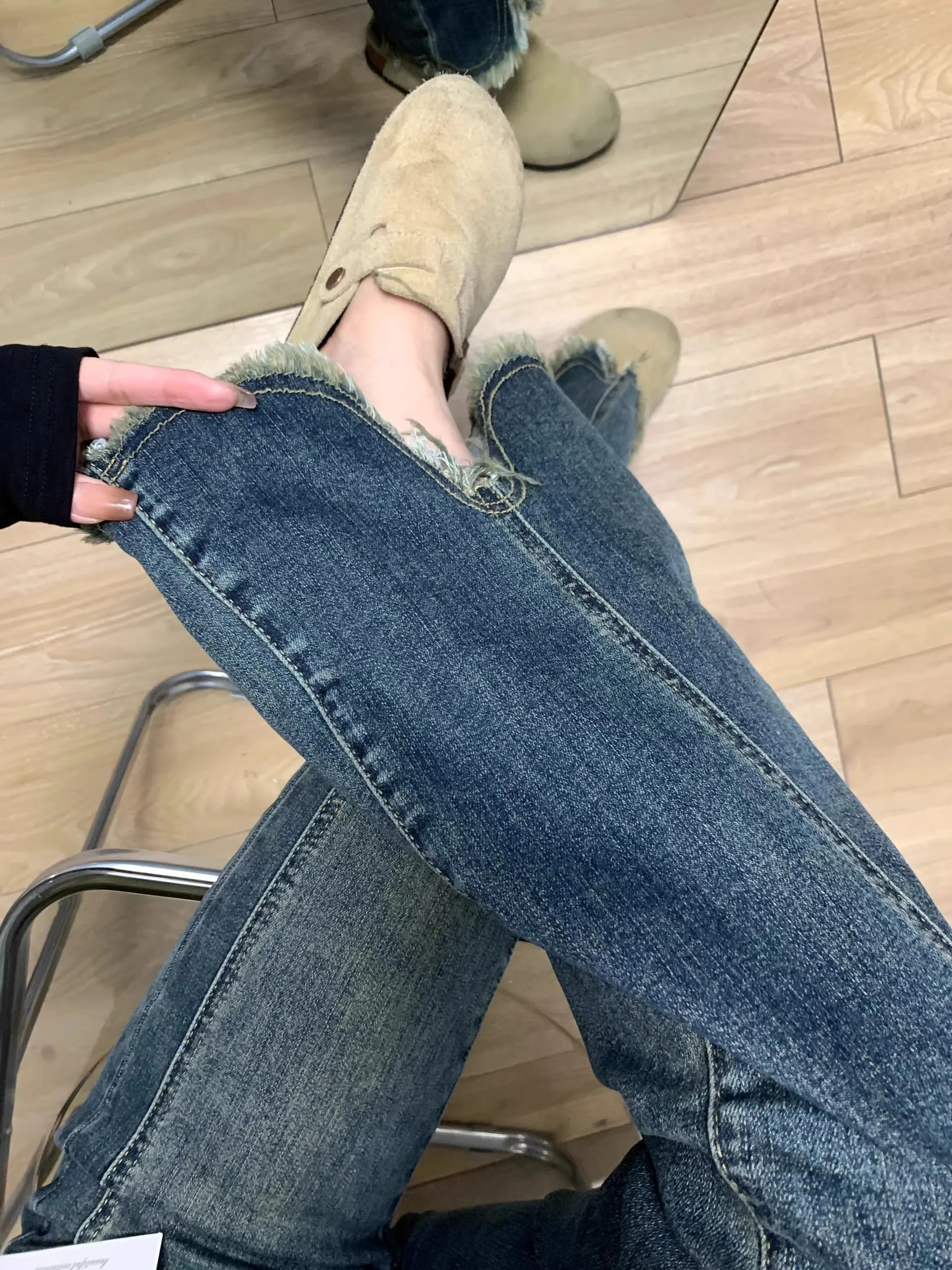 

Retro American Flared Jeans Women's Spring Autumn New plus Size Slimming Skinny High Waist Long Cotton Stretch Denim Blue