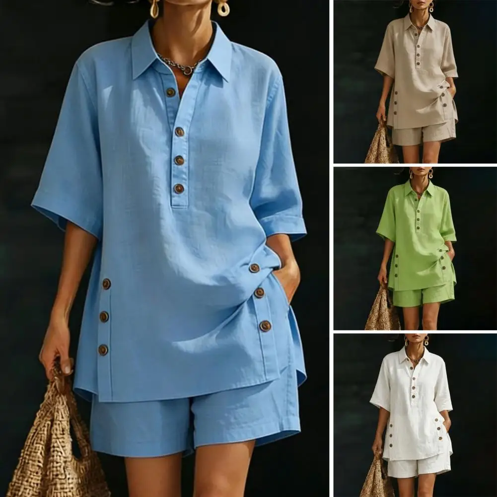 Lapel Button Shirt Cotton Linen Women’s 2 Piece Outfit Button Short Sleeve Shir… - Image 5