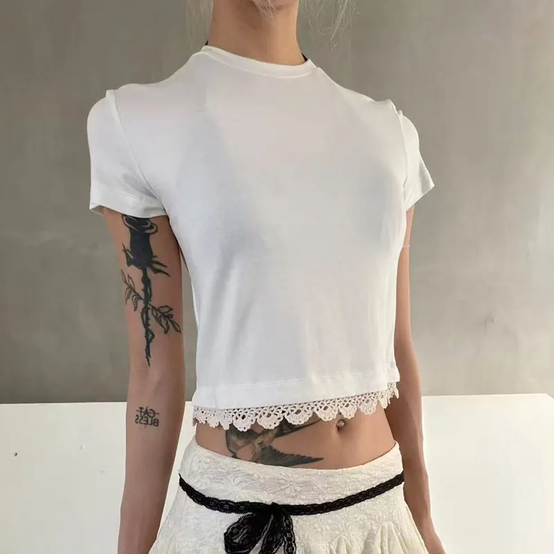 Women's Crew-Neck Short-Sleeve Lace T-Shirt, Fitted and Versatile Cropped Top, High-Quality Commuter Pullover, 2026, New Arrival