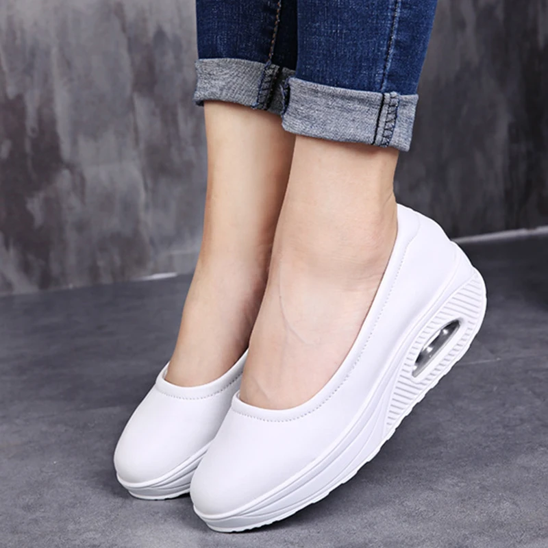 Sapatos de Plataforma para Mulheres, Antiderrapante, Sola Grossa, Couro PU, Almofada de Ar, Branco, Casual, Enfermeira, Altura, 4,8 cm, 2989