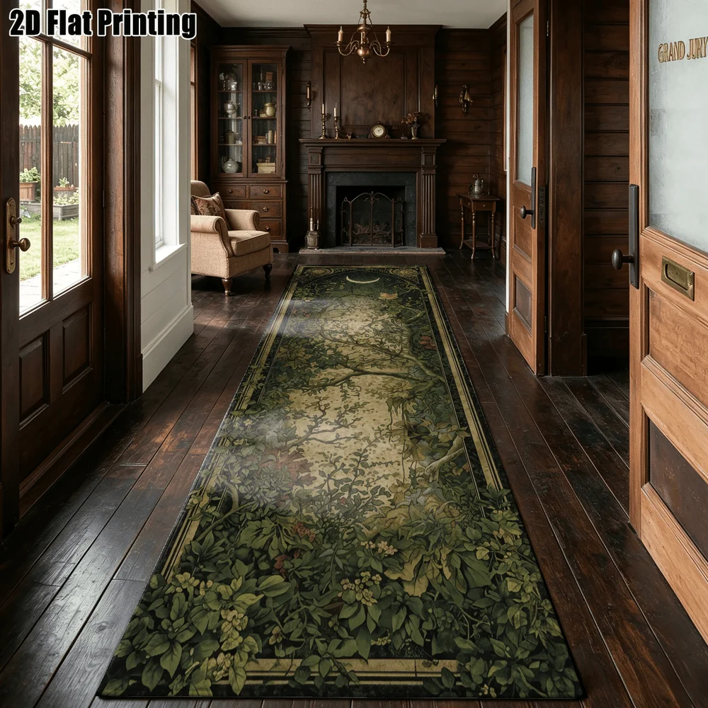 1Pc Retro Forest Plant Printed Long Carpet, American Retro Oil Painting Green Plant Flower Corridor Carpet, Suitable for Kitchen, Bedroom, Foyer, Balcony, Entrance, Bedside, Forest Style Retro Atmosphere Home Soft Decoration