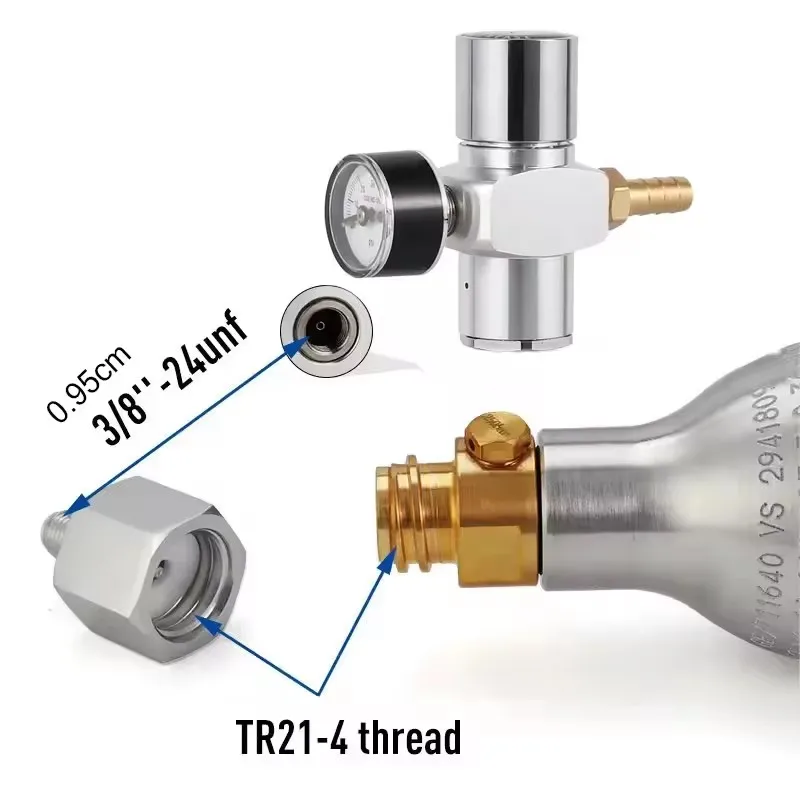 2 In 1 Co2 Charger With Converts Adapter for TR21*4 Co2 Cylinder,0-60Psi Mini Co2 Regulator Barb Type for Home Beer Brewing