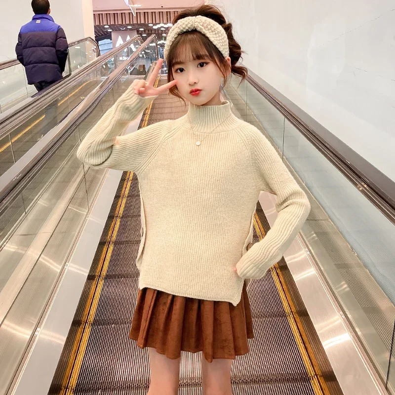 2022 children's new sweater with pleated skirt spring and autumn girls solid color knitted irregular long-sleeved suit cheap