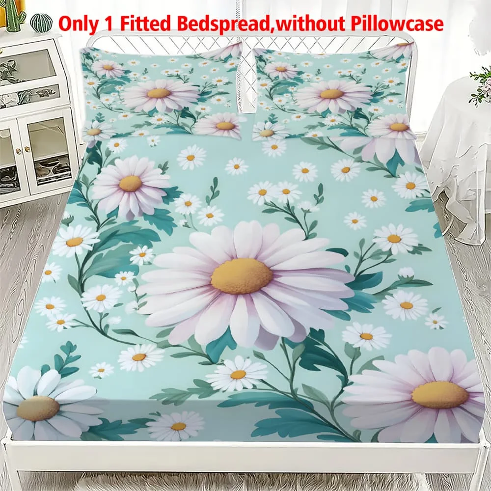 1pc White Daisies Print Fitted Sheet Deep Pocket Elastic Mattress Cover Single Double Queen King Bedroom Decor