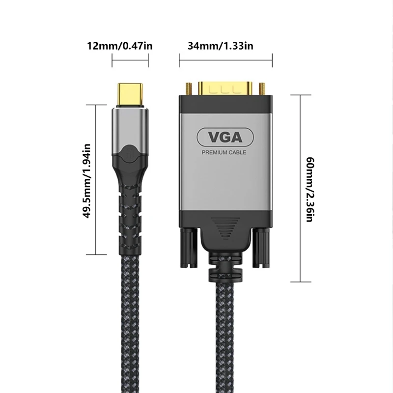 adaptador usb tipo c para vga, conversor macho para macho, saída vídeo 1080p com design conectores banhados a ouro