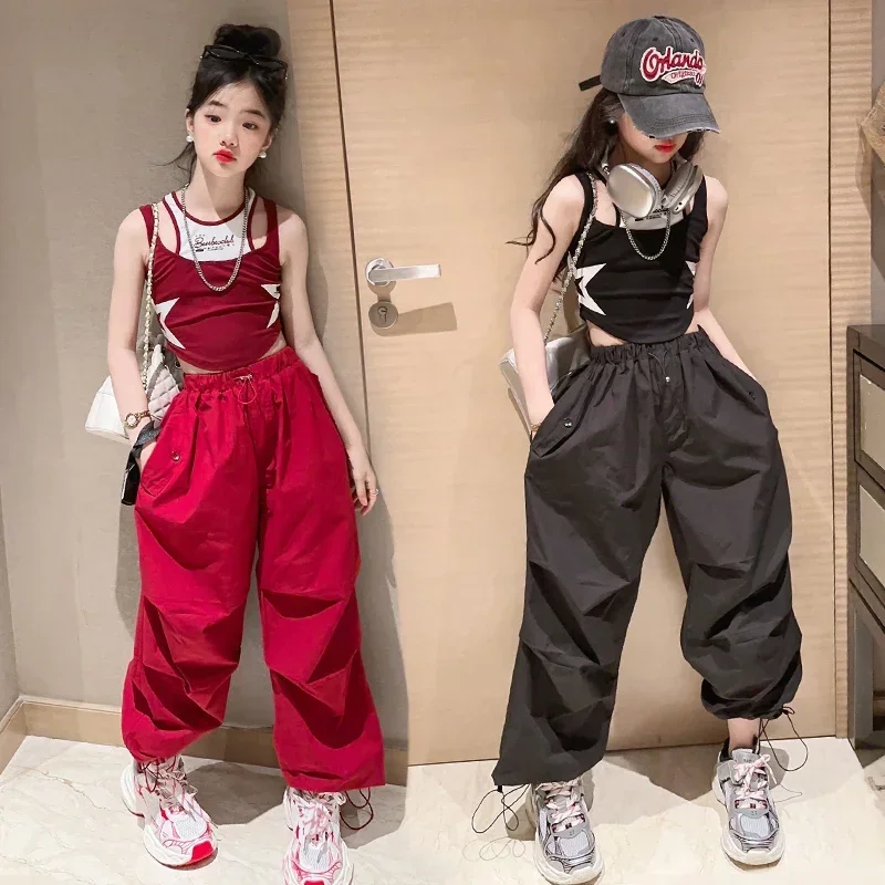 

Hip Hop Kids Sweatpants Pockets Joggers Trousers Tracksuit Teenage Girls Casual Wear Star Vest Tops + Wide Leg Cargo Pants Suit