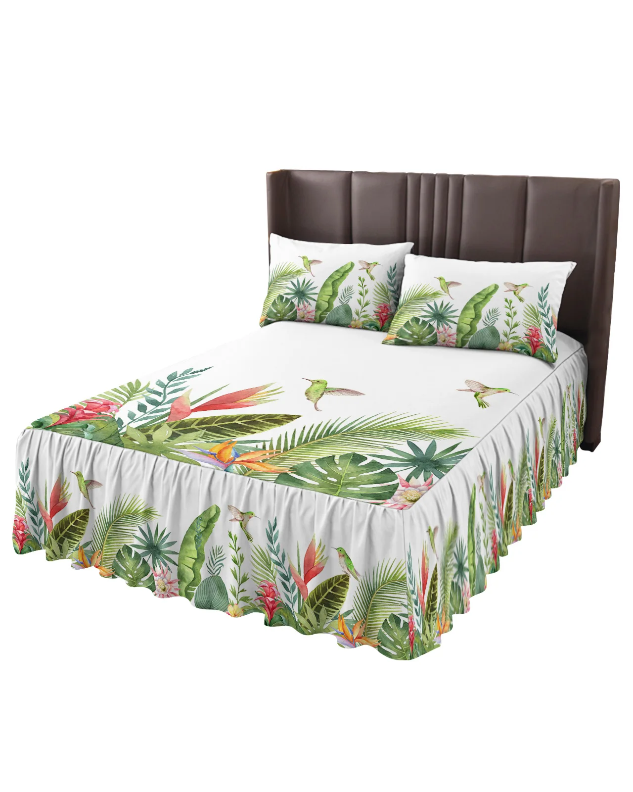 Ins Style Tropical Plants Palm Leaves Bed Skirt Elastic Fitted Bedspread With Pillowcases Mattress Cover Bedding Set Bed Sheet