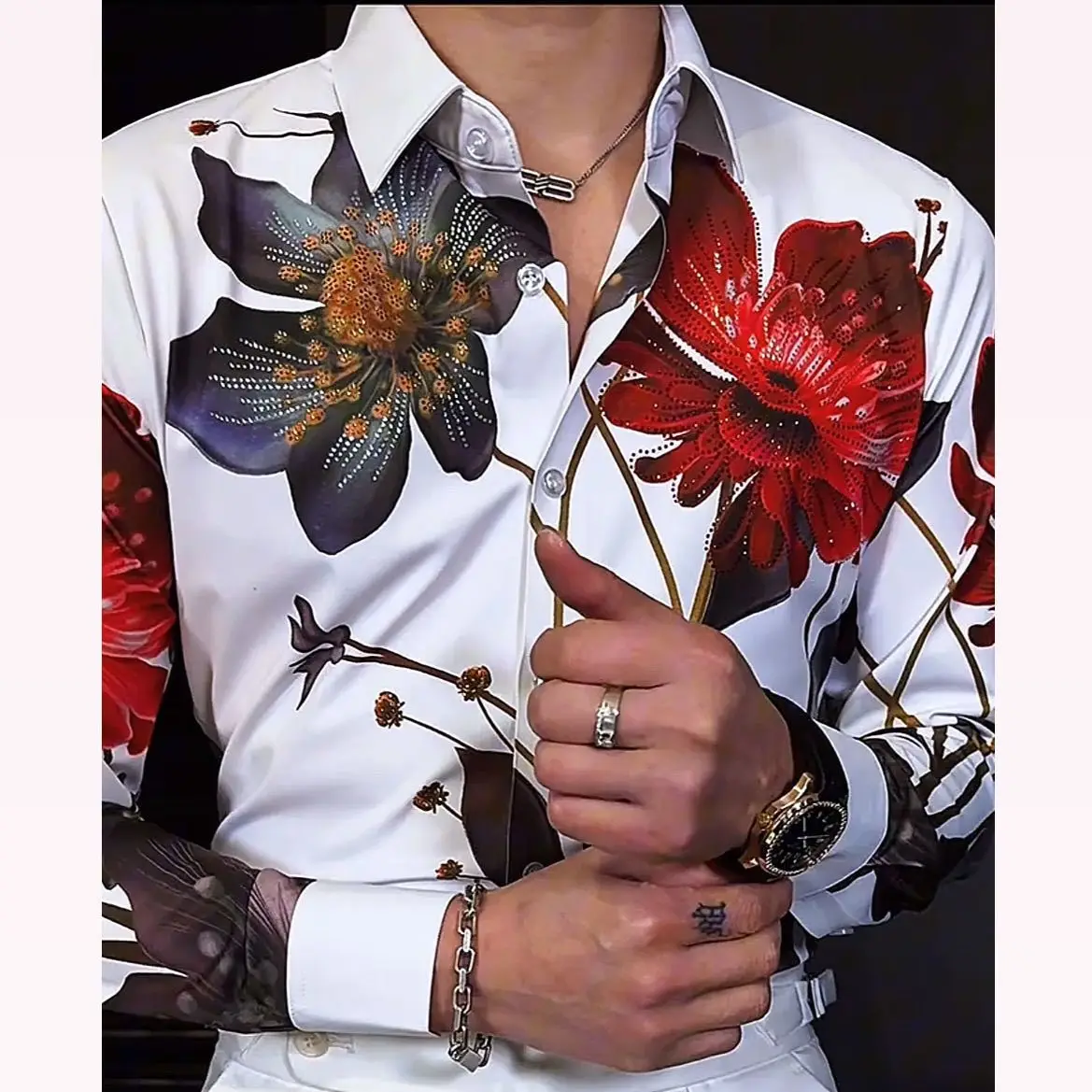 2025 New Spring and Summer Fashion Retro Hot Diamond Printed Long-sleeved Personalized Slim Shirt Men's Trendy Brand