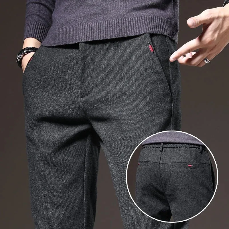 Spring Autumn Men's Casual Pants Business Fashion Elastic Waist Slim Fit Stretch Thick Gray Black Cotton Trousers Male