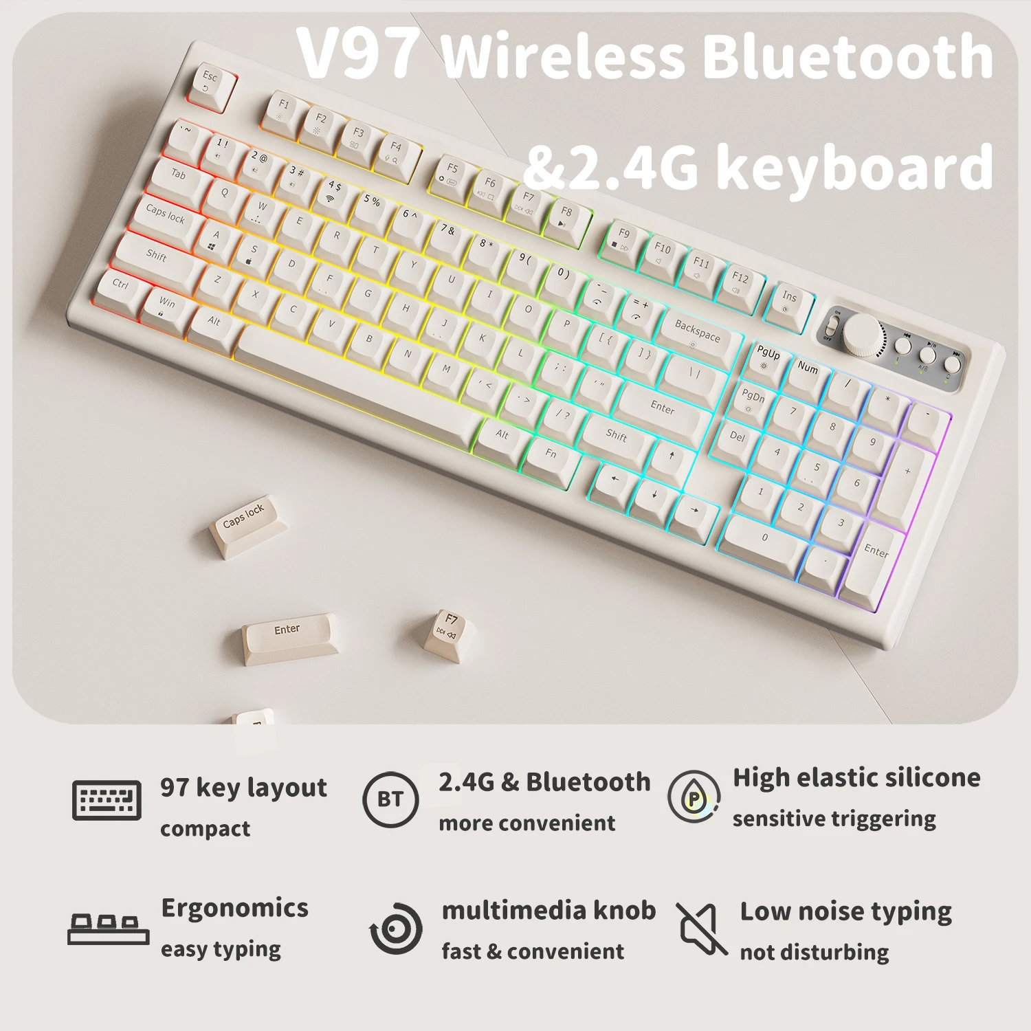 EWEADN V97 Teclado cremoso fofo, teclado para jogos Bluetooth/2,4 GHz sem fio com retroiluminação RGB, recarregável, silencioso, para PC Gamer