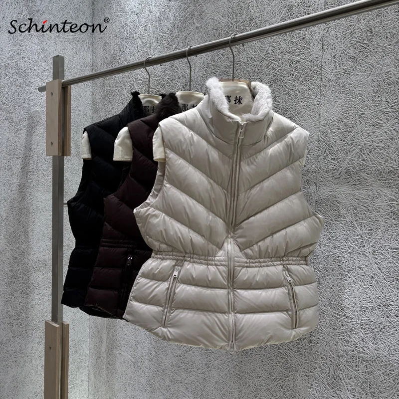 Schinteon Women's White Duck Down Vest Fur Collar Sleeveless Jacket Drawstring Autumn Winter Top Gielt 2026 New Fashion