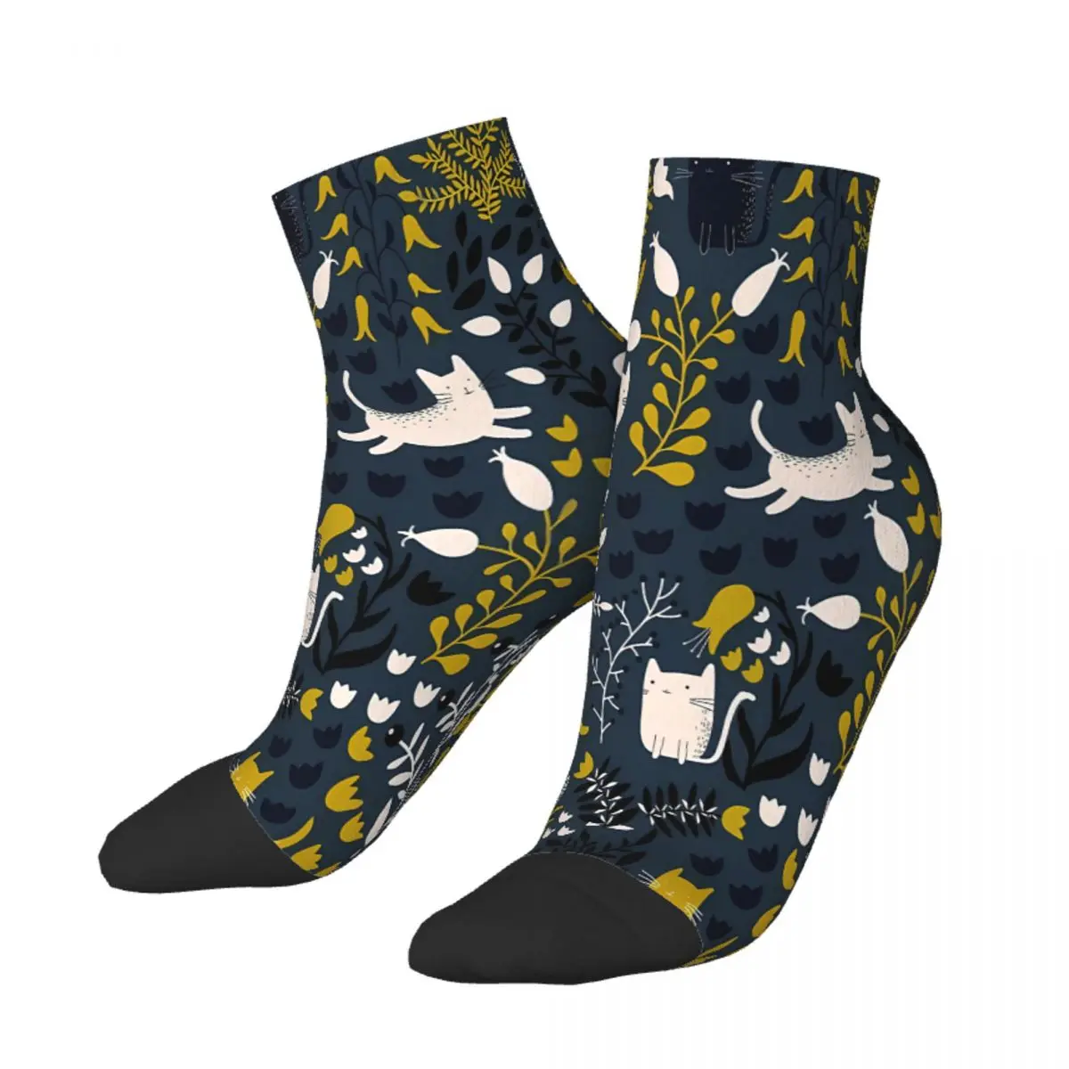 Cats And Flowers Pattern Ankle Socks Male Mens Women Spring Stockings Polyester