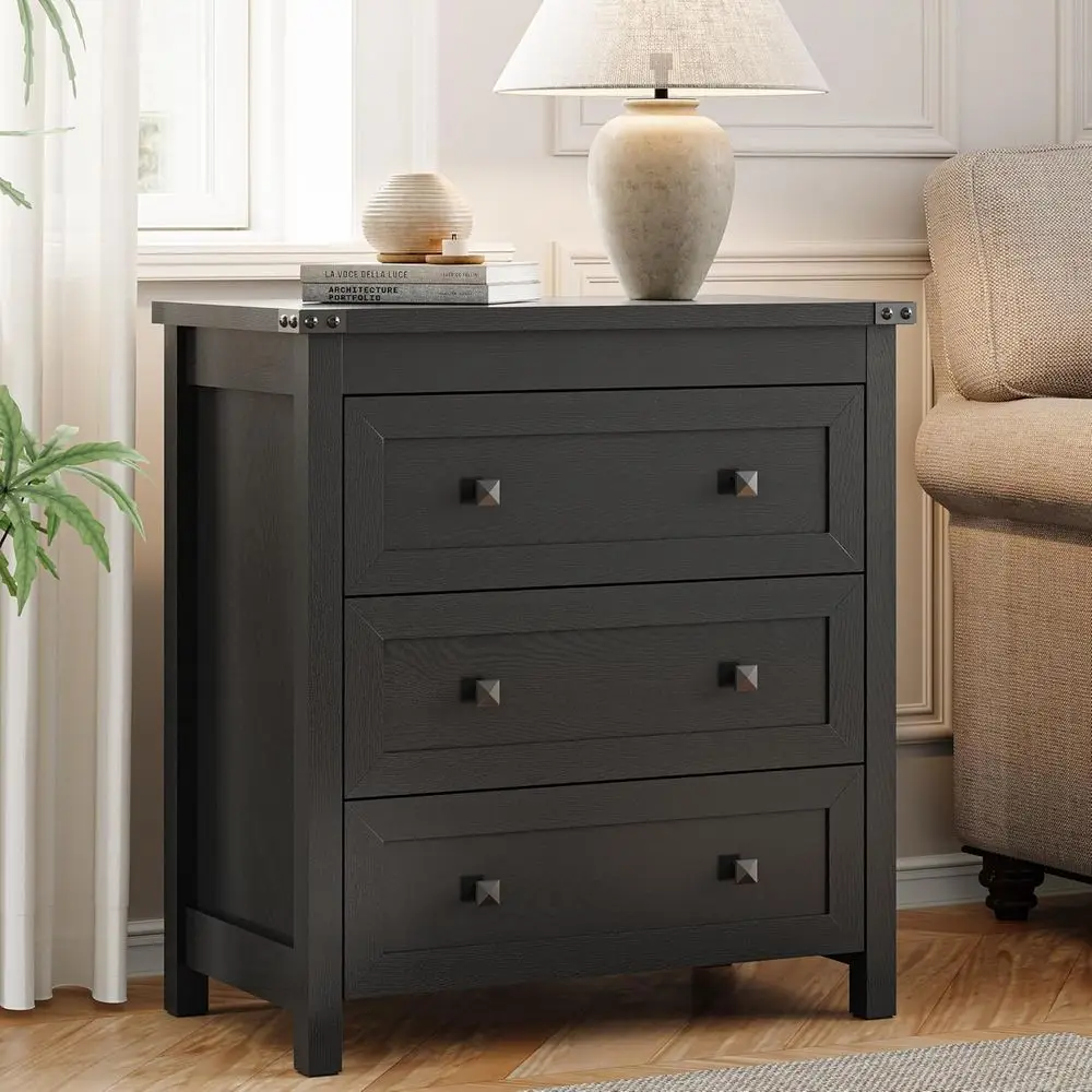 3-Drawer Farmhouse Style Nightstand, Compact Bedroom Storage Cabinet, Modern Black Organizer for Living Spaces