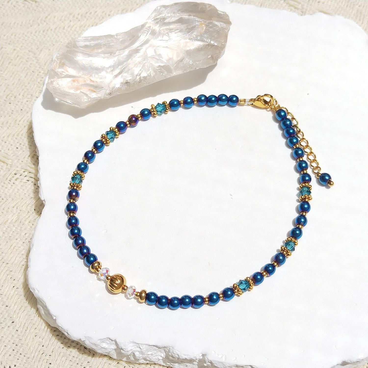 Lii Ji Blue Aurora Crystal 4mm Stainless Steel Handmade Anklet 24+3cm