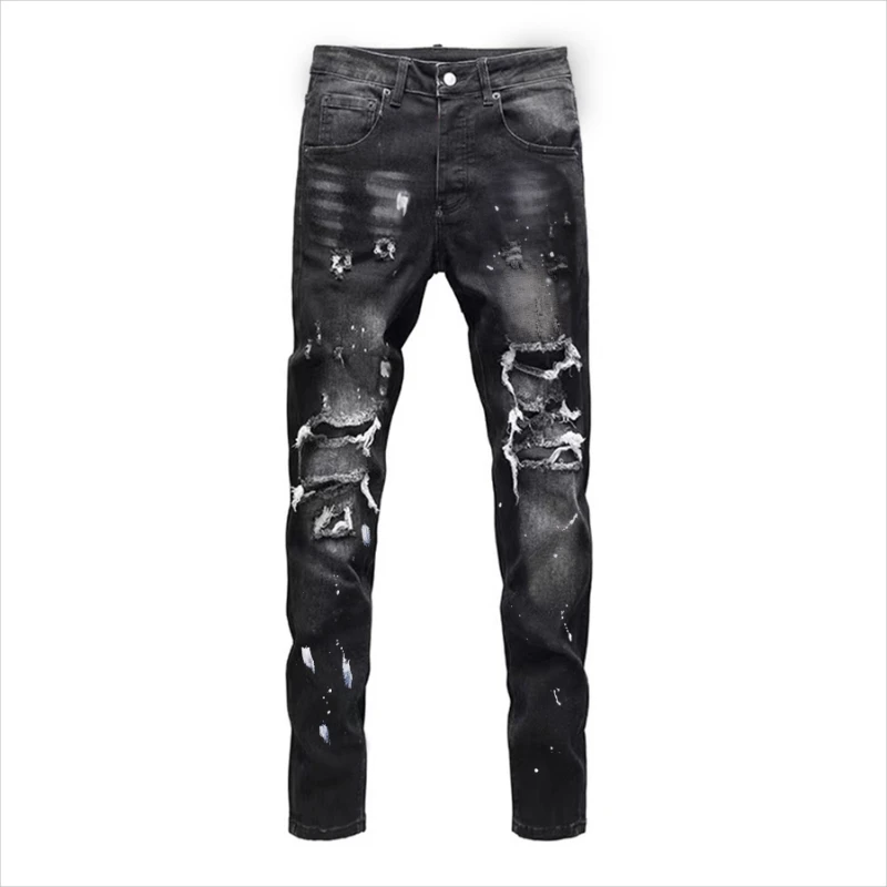Vintage Washed Distressed Denim Jeans Men Paint Splatter Ripped Slim Fit Biker Trousers Street Style Hip Hop Pants for Guys - view 2