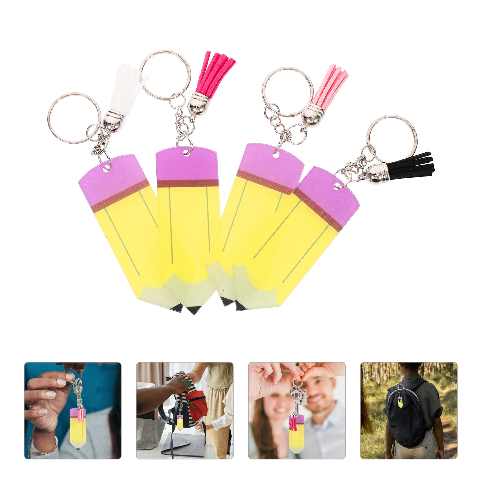 4 Pcs Pencil Keychain Cartoon Teacher Keychains Bulk for Hanging Decor Shaped Ring Adorable Party Favor