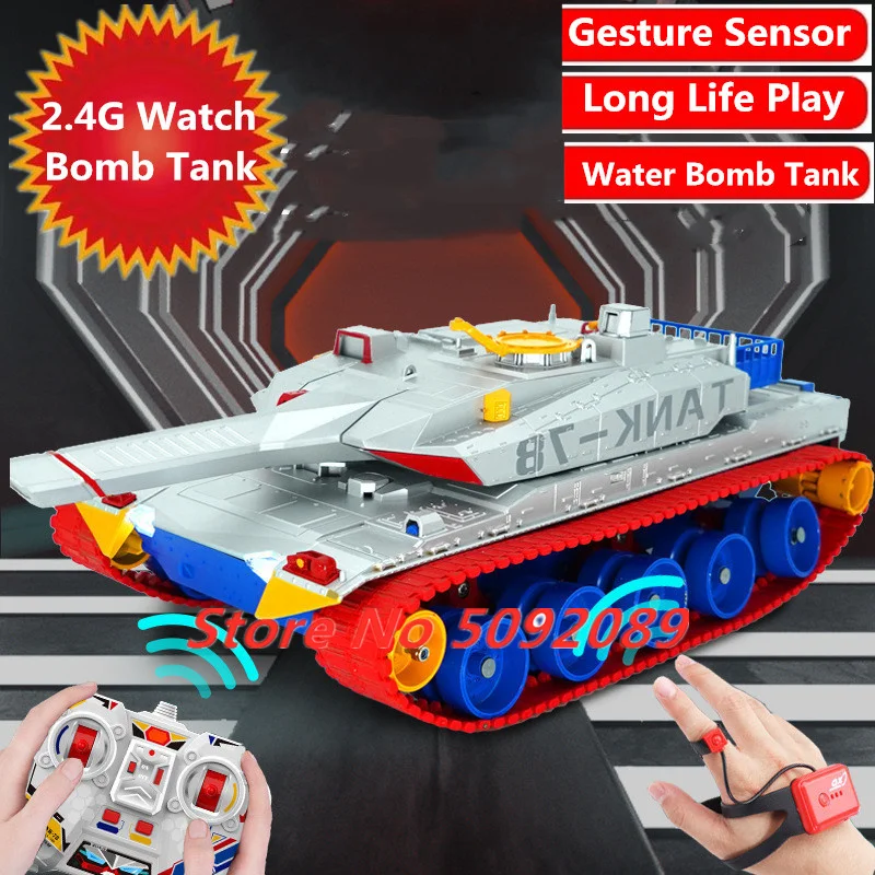 Gesture Control RC Tank Watch Sensor Tank Car Simulation Water Bomb Big Size Dual Control Mode High Speed Tank With Music Sound