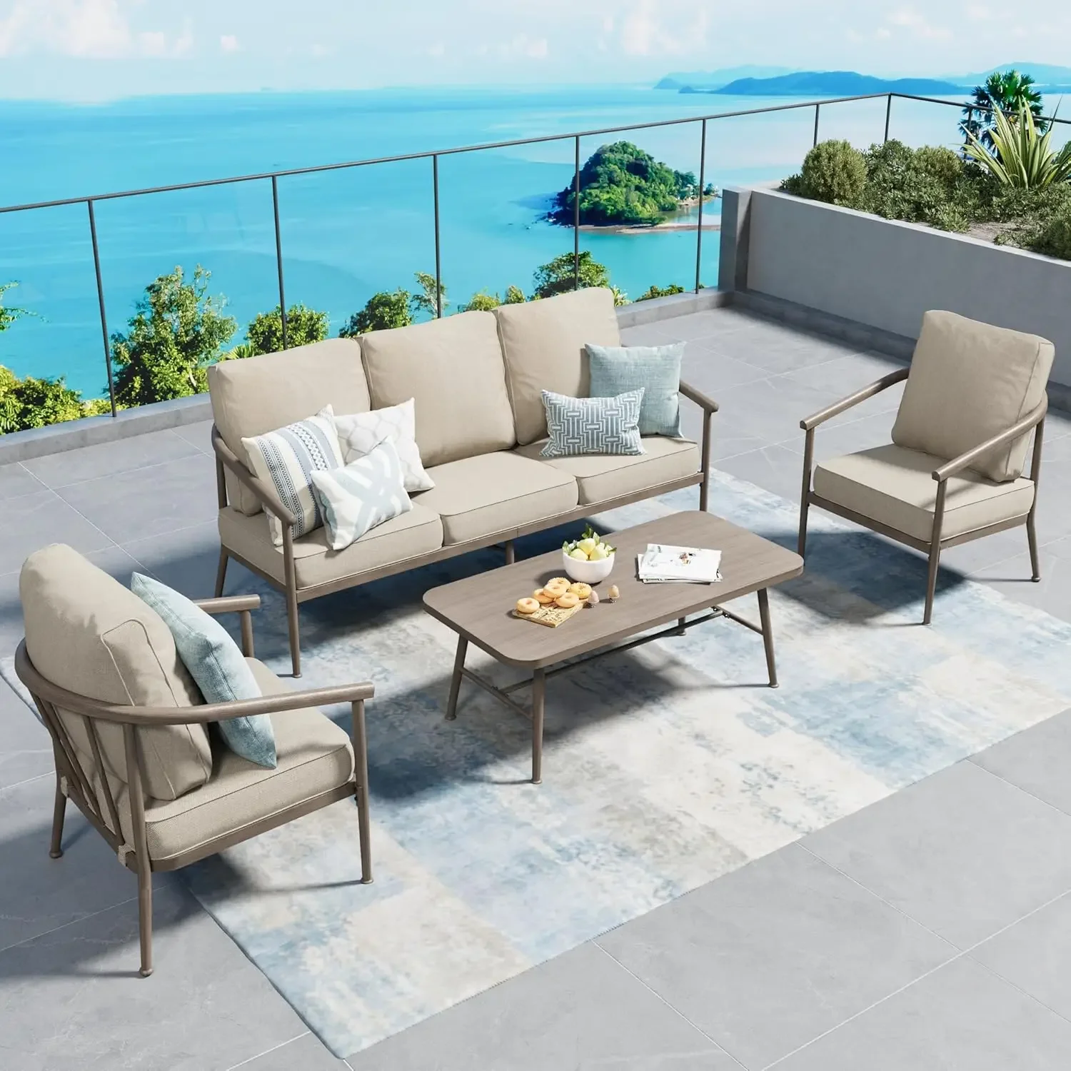 4 Piece Metal Outdoor Patio Furniture Sets, Unique Style Patio Conversation Sets 1 3-Seater Sofa, 2 Single Sofas